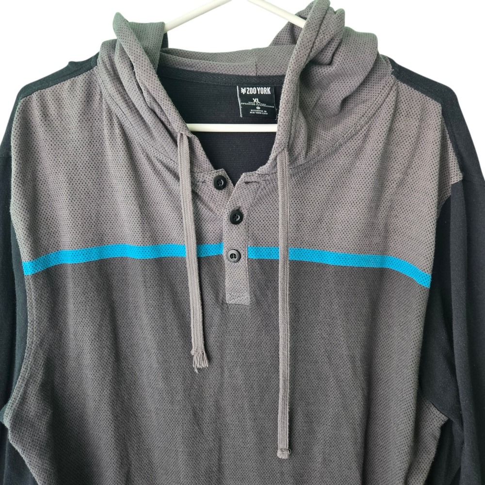 Zoo York Mens XL Colorblock Henley Hoodie Grey Black Blue Long Sleeve Skater‎